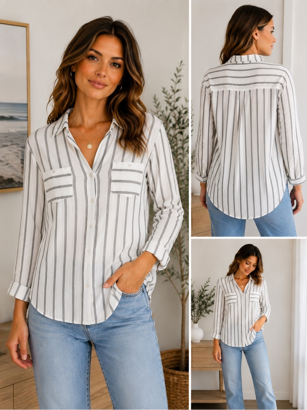 Market & Spruce White and Gray Striped Button Down Shirt - Size M